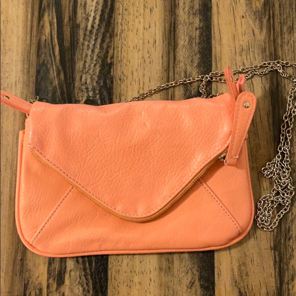 Bright coral/orange crossbody bag with gold chain